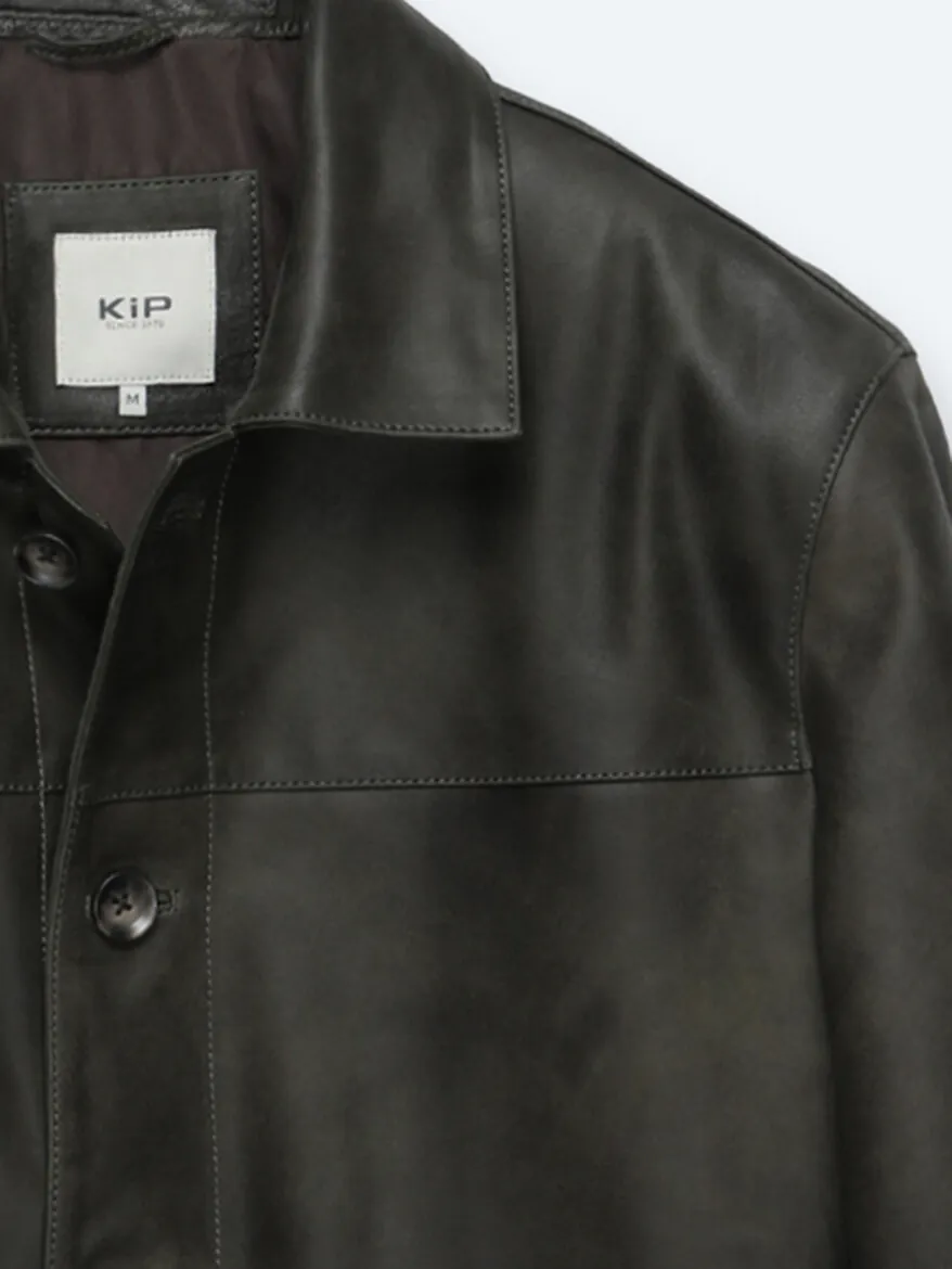 Khaki Regular Fit Shirt Collar Casual Leather Leather Coat - 10