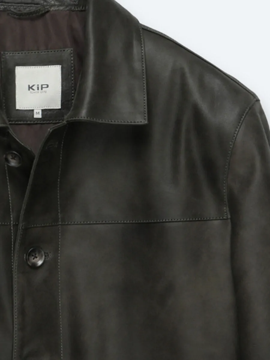 Khaki Regular Fit Shirt Collar Casual Leather Leather Coat - 10