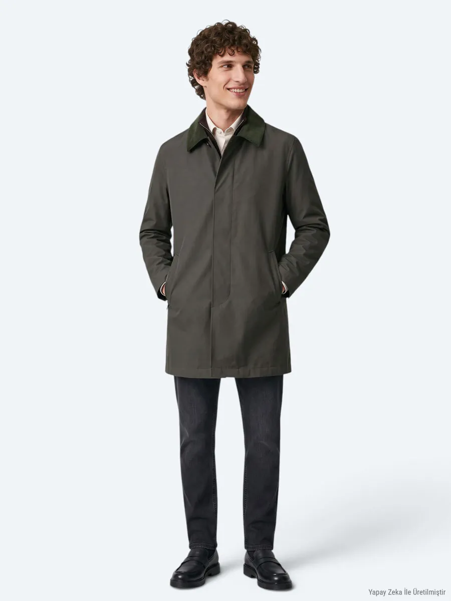 Khaki Regular Fit Shirt Collar Casual Weaving Rain Coat - 3