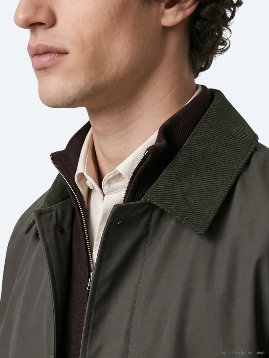 Khaki Regular Fit Shirt Collar Casual Weaving Rain Coat - 4