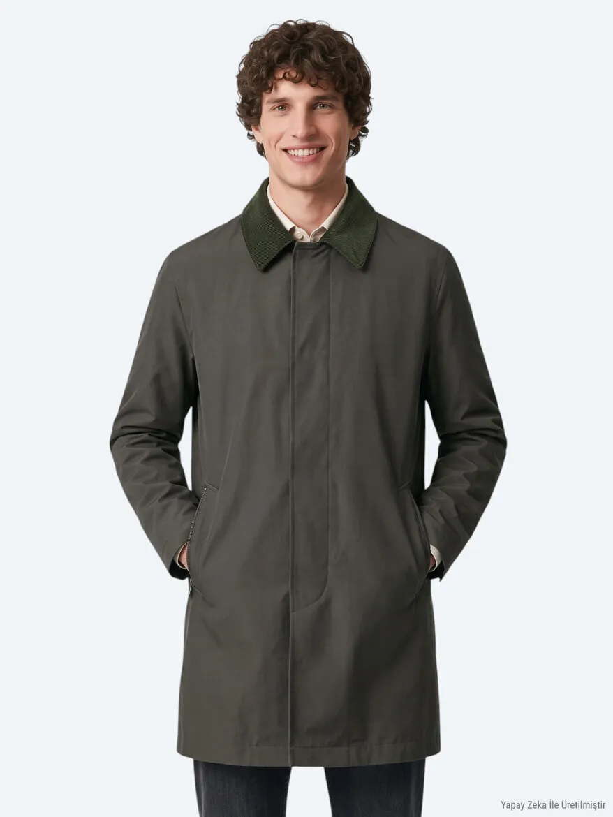 Khaki Regular Fit Shirt Collar Casual Weaving Rain Coat - 5