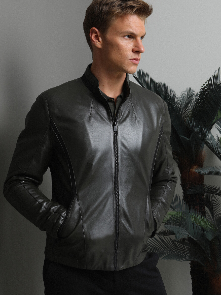 Khaki Regular Fit Turtleneck Casual Leather Leather Coat - 1