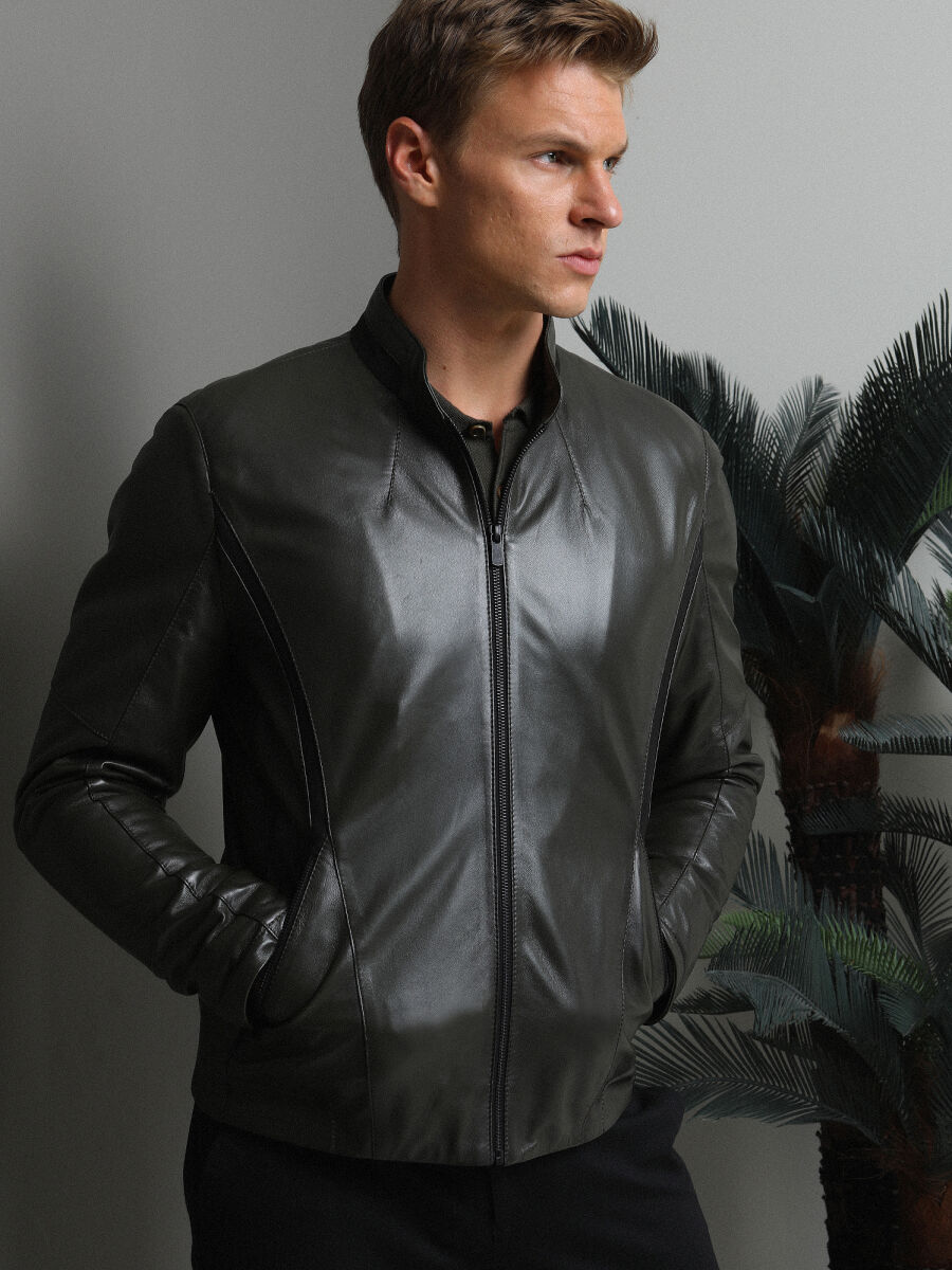 Khaki Regular Fit Turtleneck Casual Leather Leather Coat - 1
