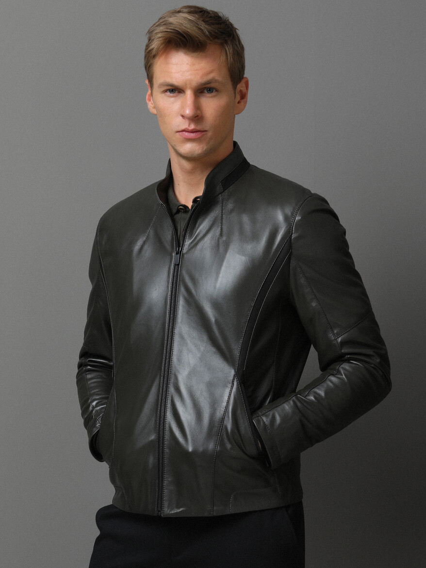 Khaki Regular Fit Turtleneck Casual Leather Leather Coat - 4