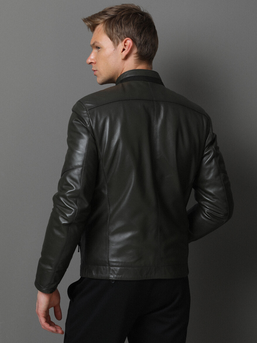 Khaki Regular Fit Turtleneck Casual Leather Leather Coat - 5