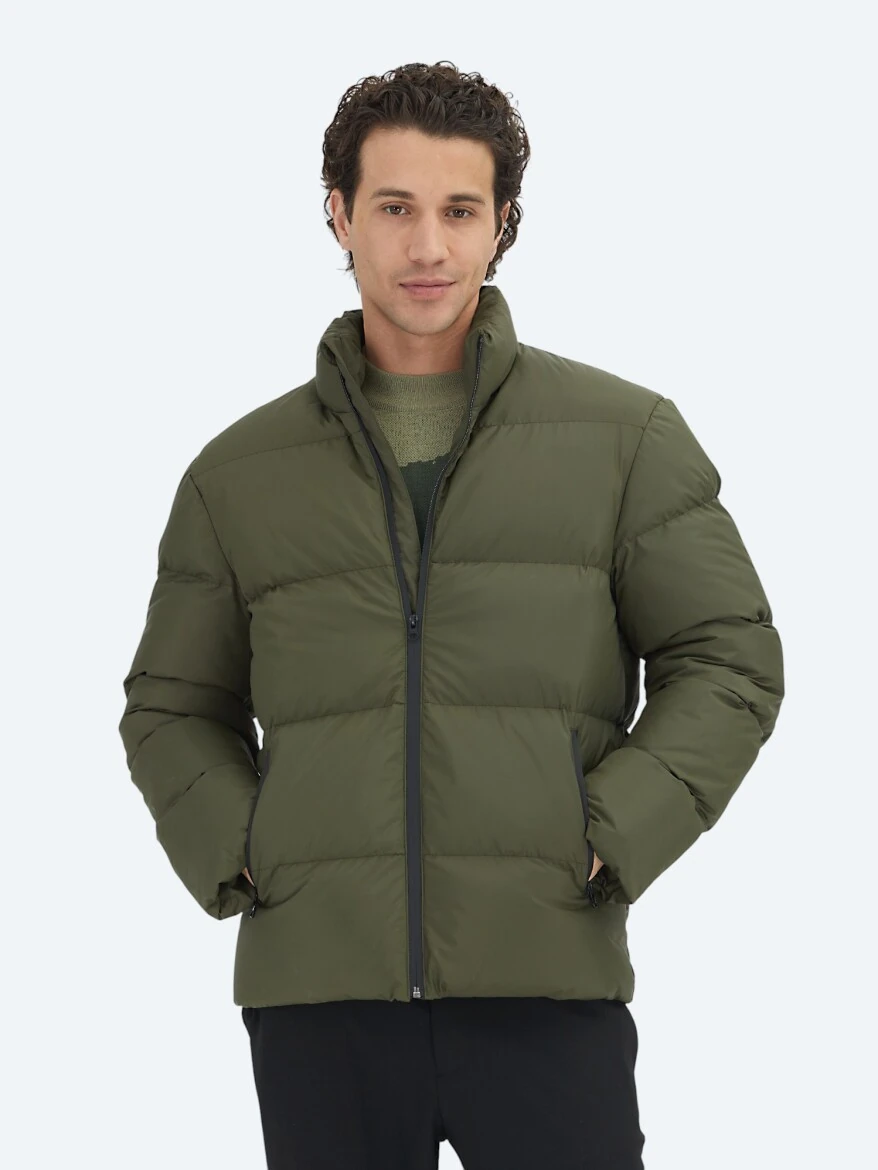 Khaki Regular Fit Turtleneck Casual Weaving Coat - 3