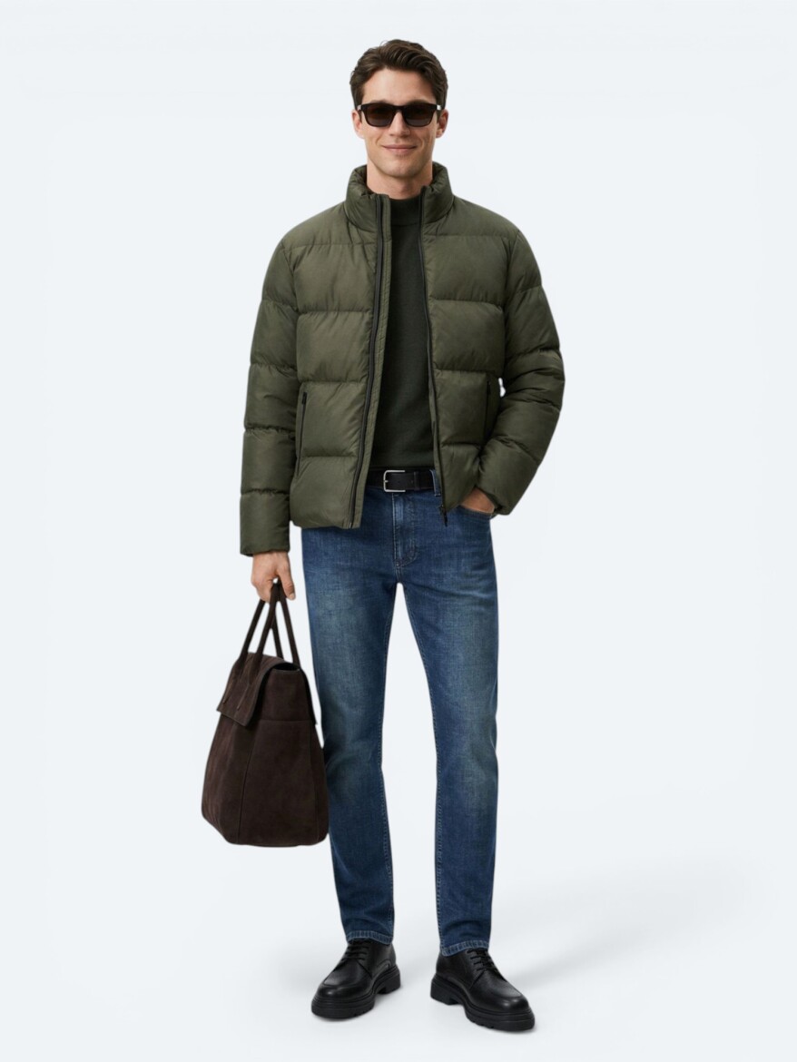 Khaki Regular Fit Turtleneck Casual Weaving Coat - 2