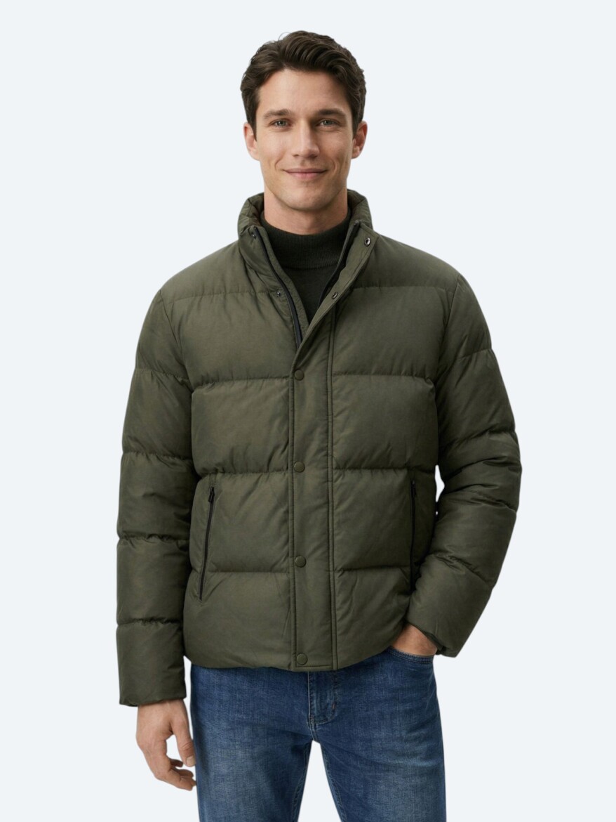 Khaki Regular Fit Turtleneck Casual Weaving Coat - 3