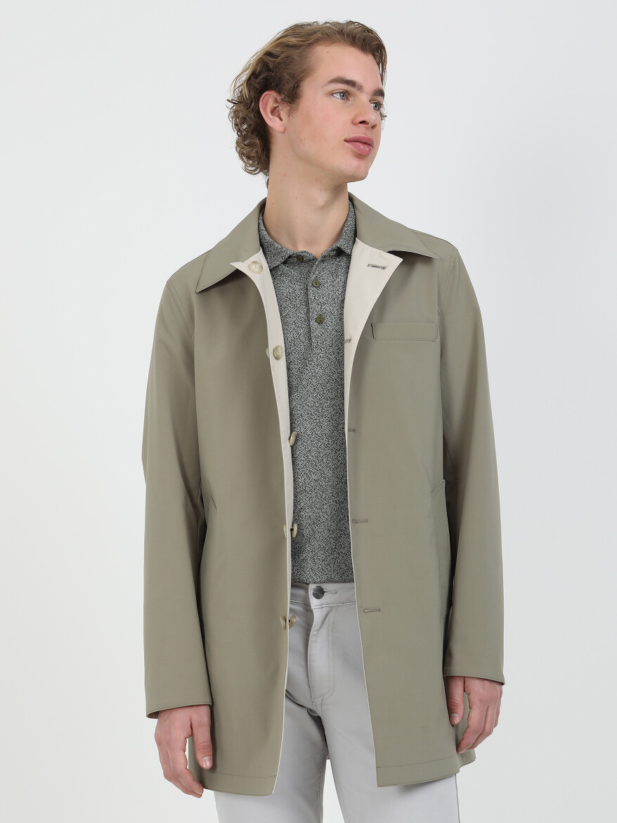 Khaki Regular Fit Turtleneck Casual Weaving Double-Sided Rain Coat - 1