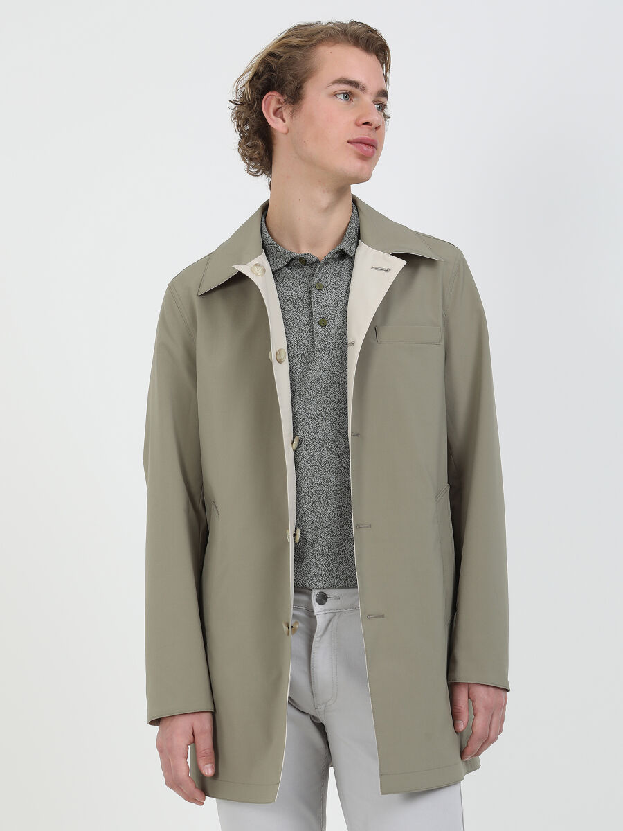 Khaki Regular Fit Turtleneck Casual Weaving Double-Sided Rain Coat - 1