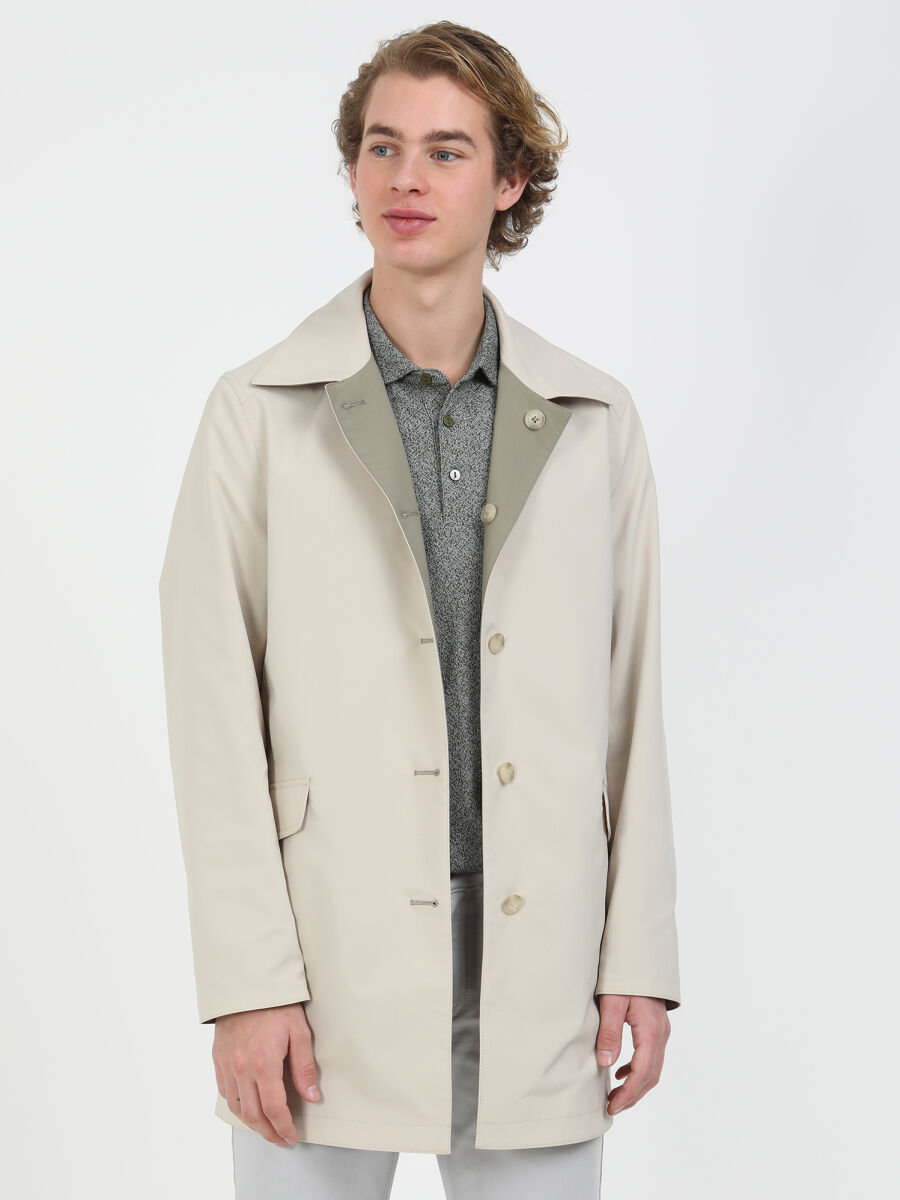 Khaki Regular Fit Turtleneck Casual Weaving Double-Sided Rain Coat - 2