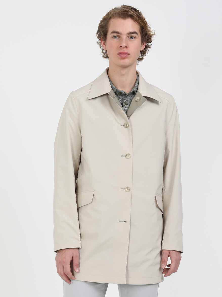 Khaki Regular Fit Turtleneck Casual Weaving Double-Sided Rain Coat - 4