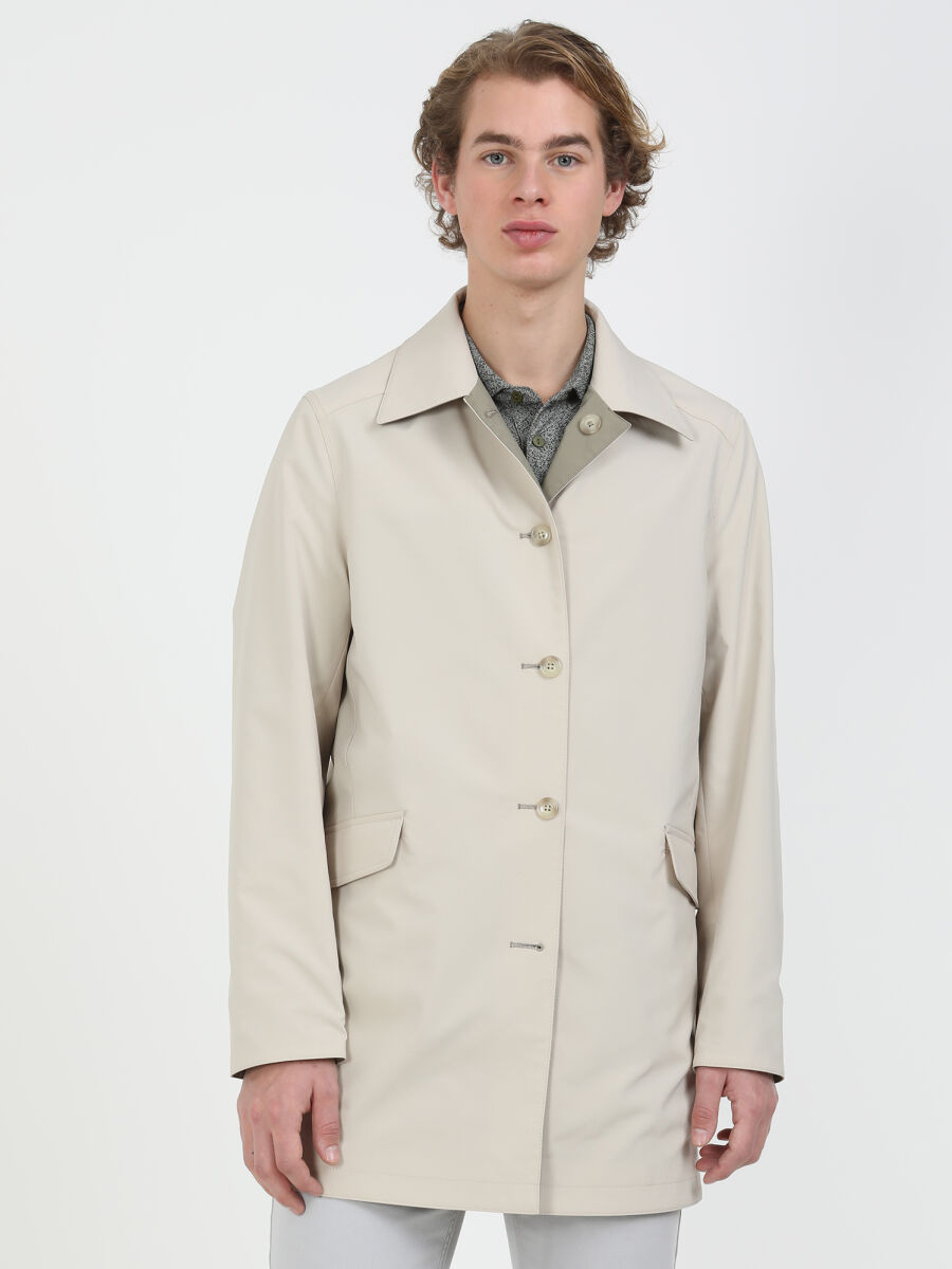 Khaki Regular Fit Turtleneck Casual Weaving Double-Sided Rain Coat - 4