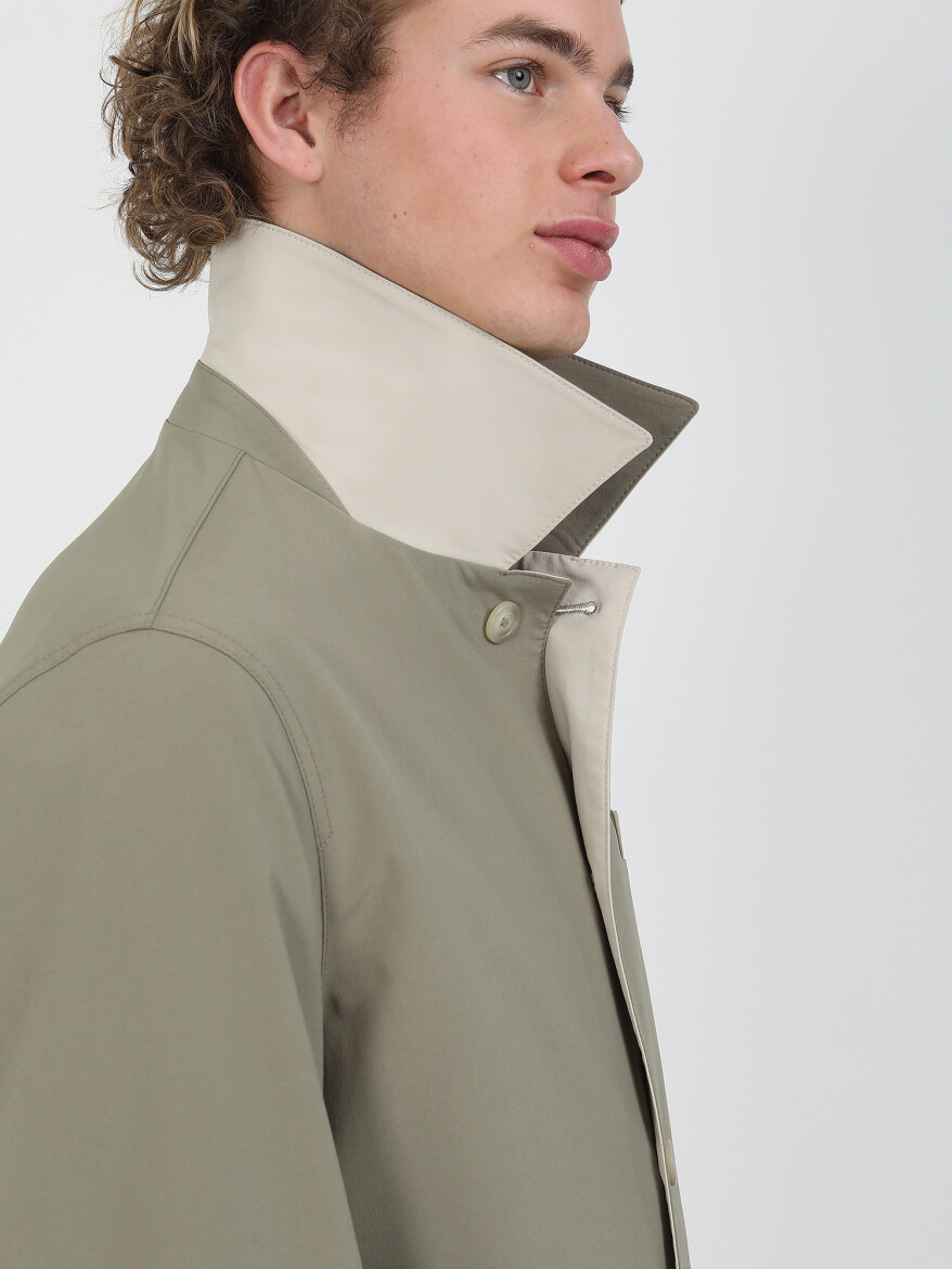 Khaki Regular Fit Turtleneck Casual Weaving Double-Sided Rain Coat - 6