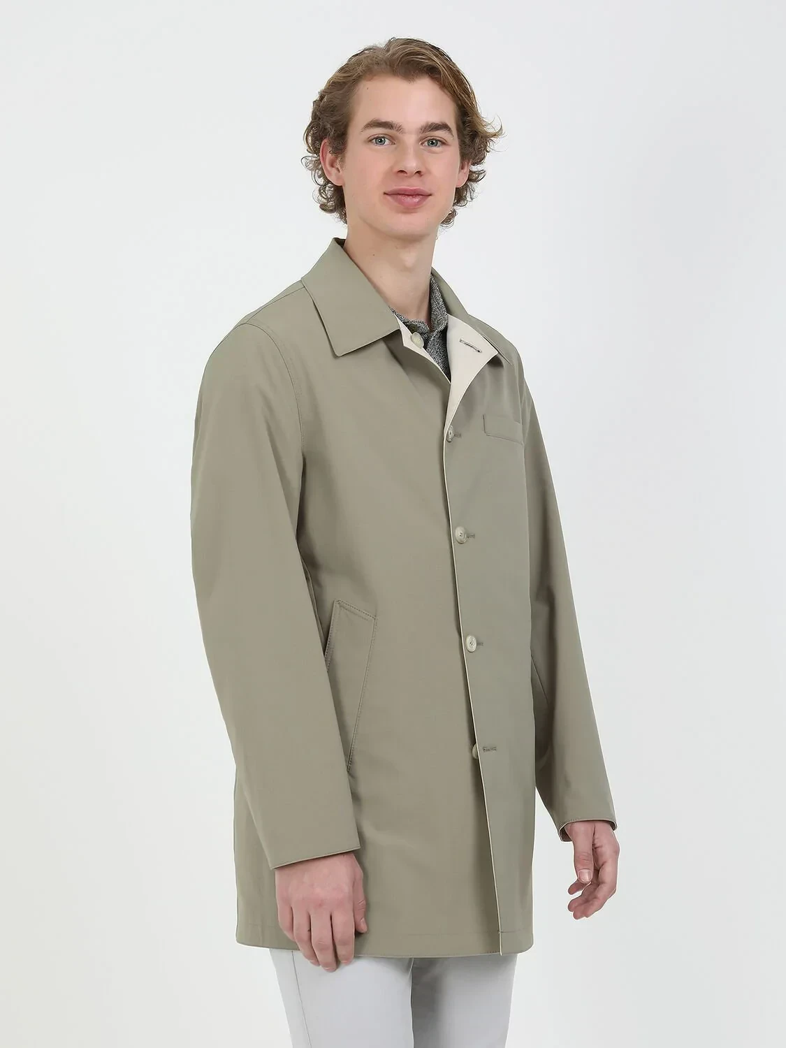 Khaki Regular Fit Turtleneck Casual Weaving Double-Sided Rain Coat - 3