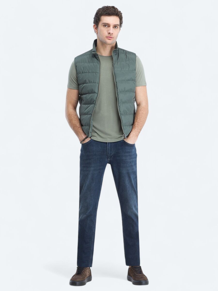 Khaki Regular Fit Turtleneck Casual Weaving Puffer Vest - 2