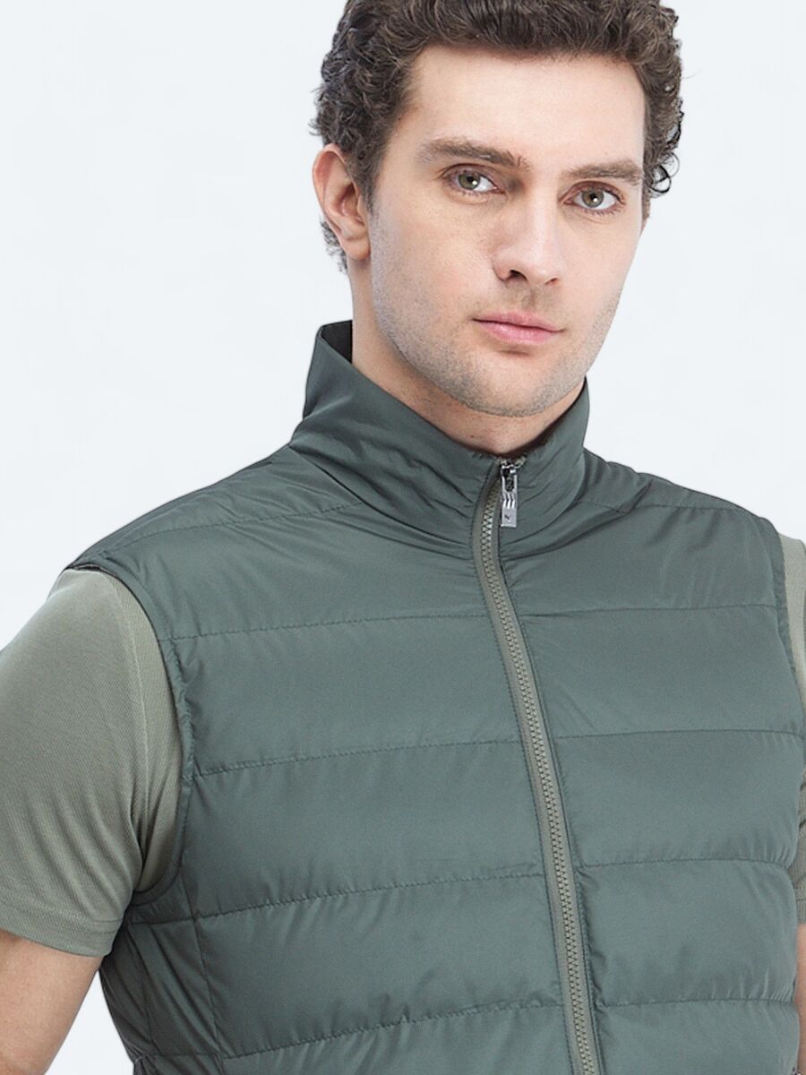 Khaki Regular Fit Turtleneck Casual Weaving Puffer Vest - 4