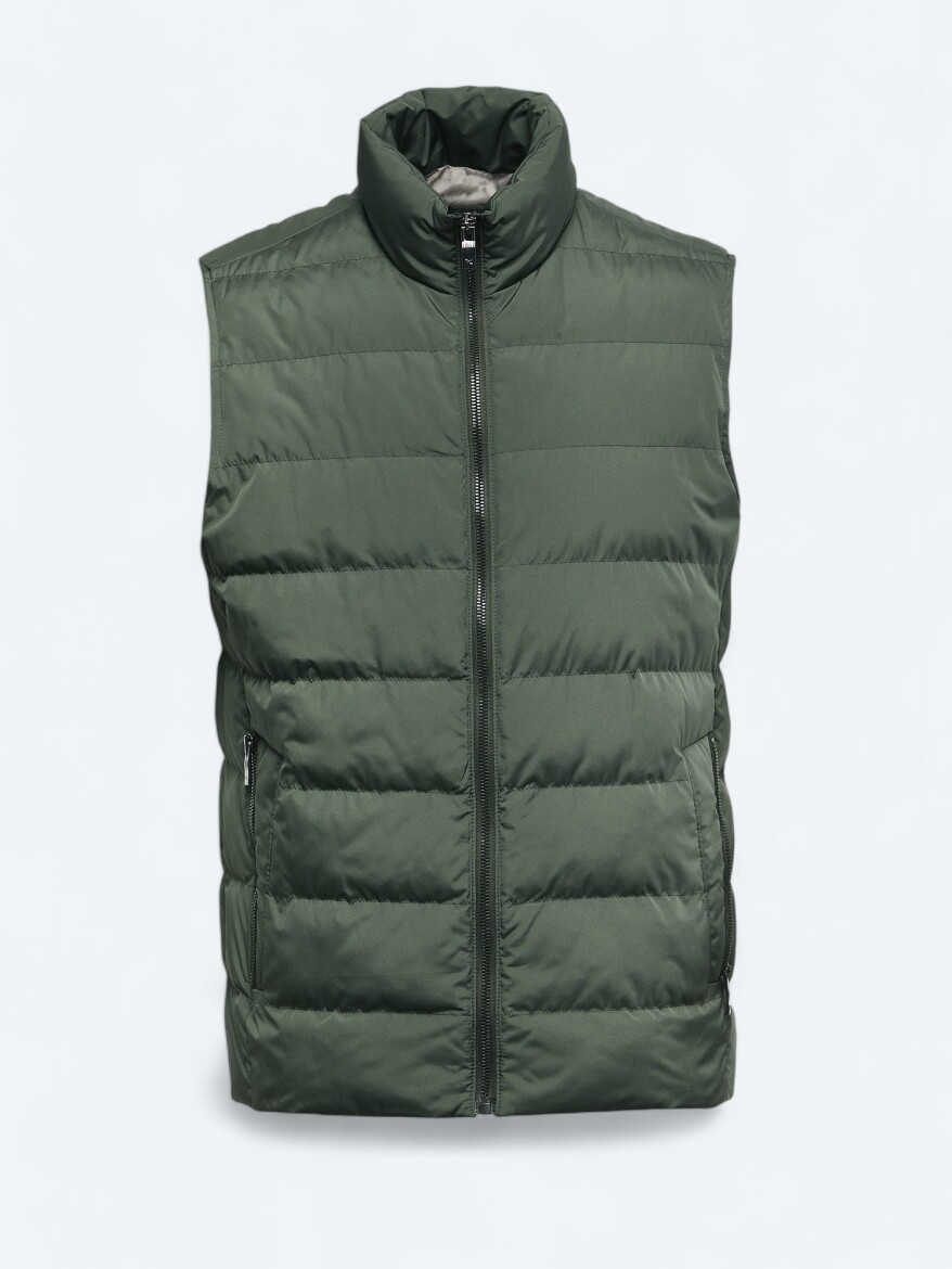 Khaki Regular Fit Turtleneck Casual Weaving Puffer Vest - 6