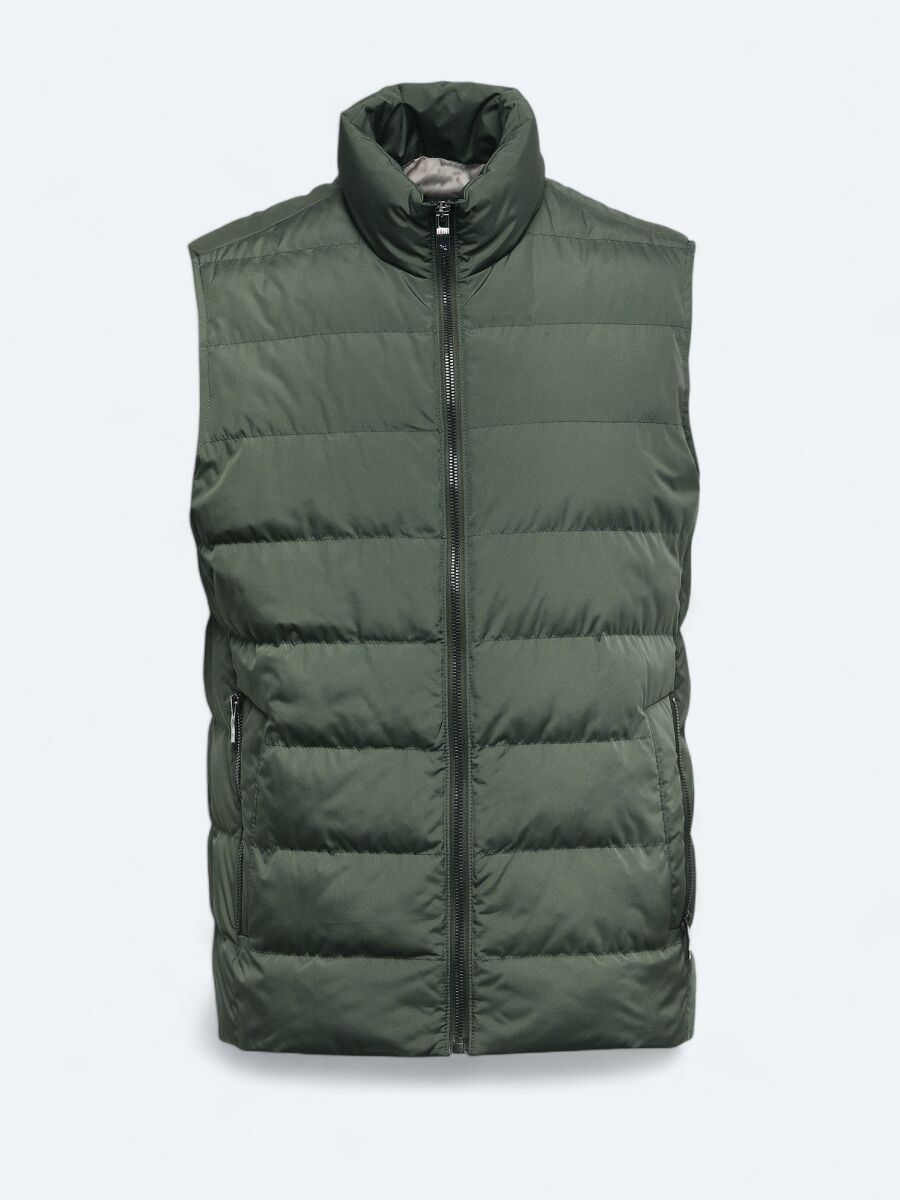 Khaki Regular Fit Turtleneck Casual Weaving Puffer Vest - 6