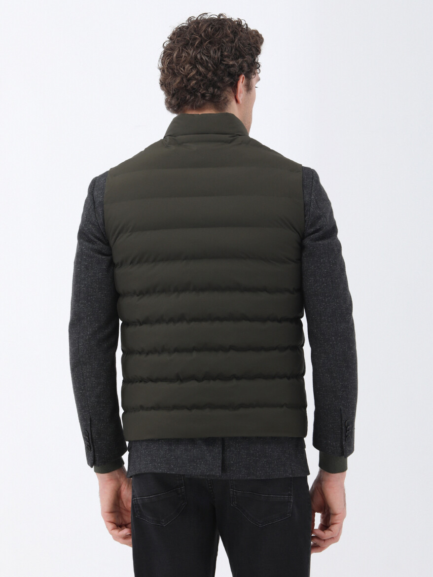 Khaki Regular Fit Turtleneck Casual Weaving Puffer Vest - 3