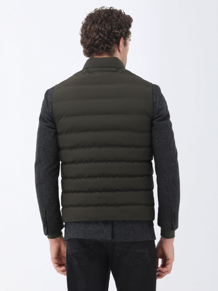 Khaki Regular Fit Turtleneck Casual Weaving Puffer Vest - 3