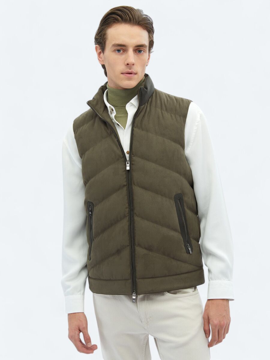 Khaki Regular Fit Turtleneck Casual Weaving Puffer Vest - 1