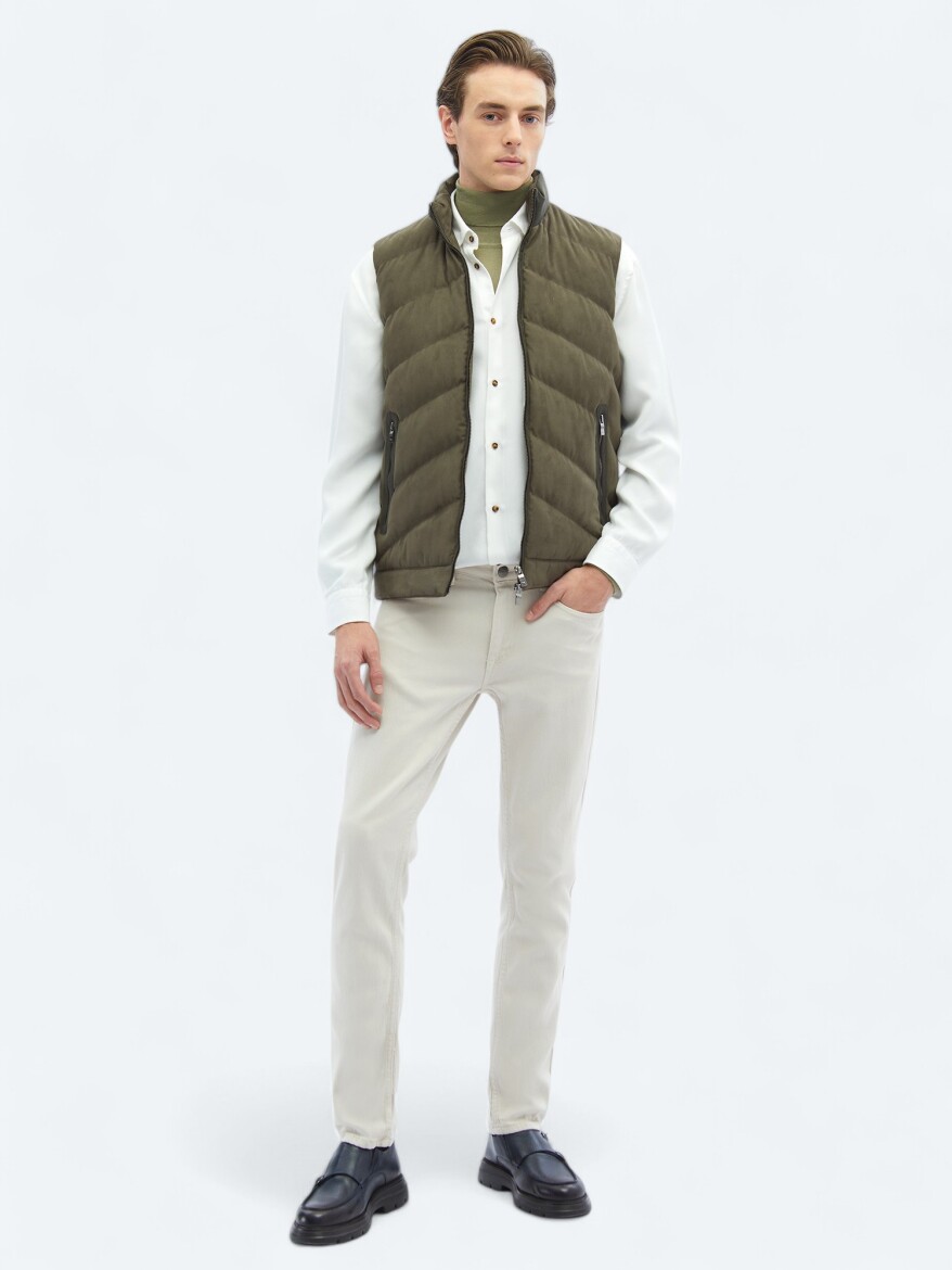 Khaki Regular Fit Turtleneck Casual Weaving Puffer Vest - KİP