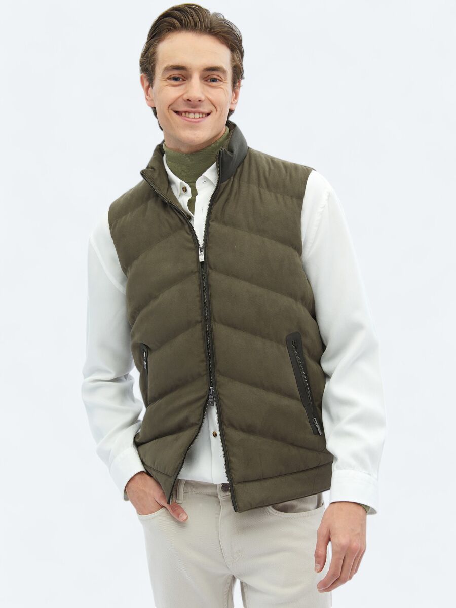 Khaki Regular Fit Turtleneck Casual Weaving Puffer Vest - 5