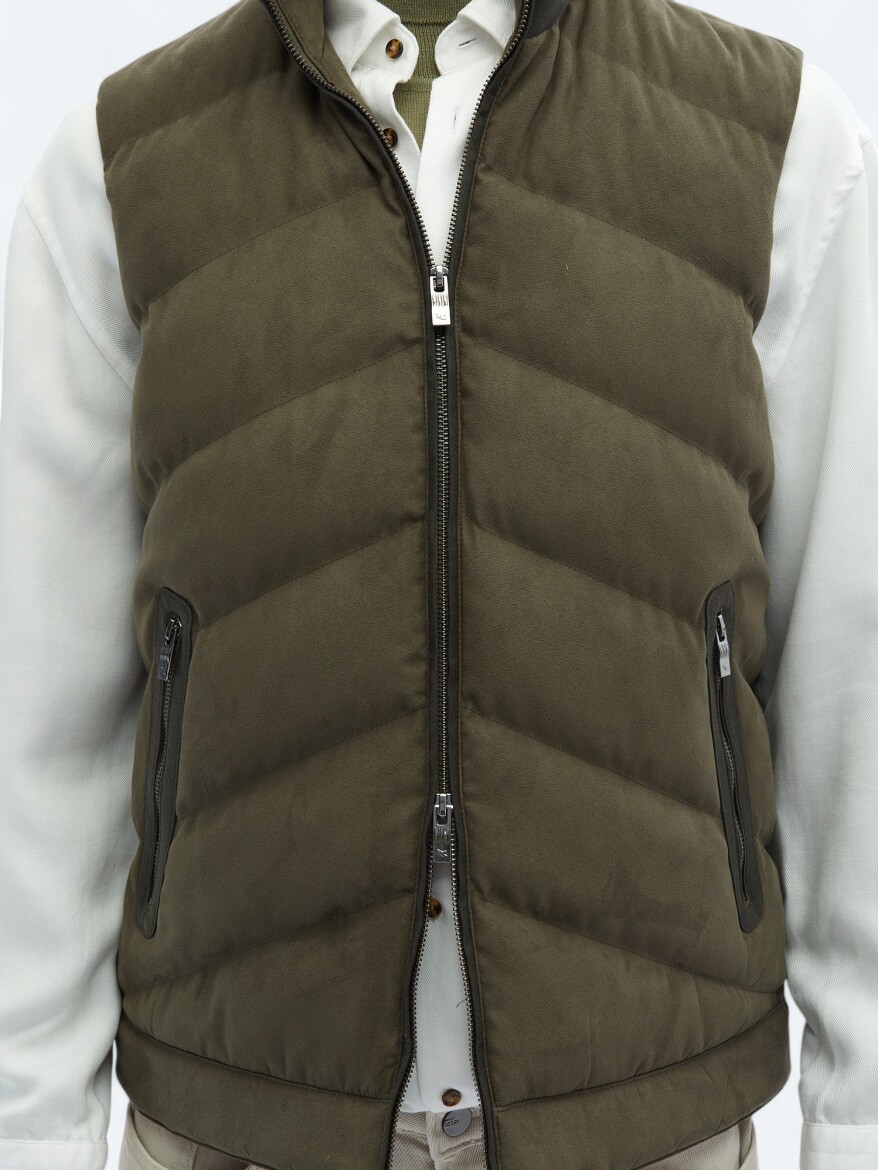 Khaki Regular Fit Turtleneck Casual Weaving Puffer Vest - 6