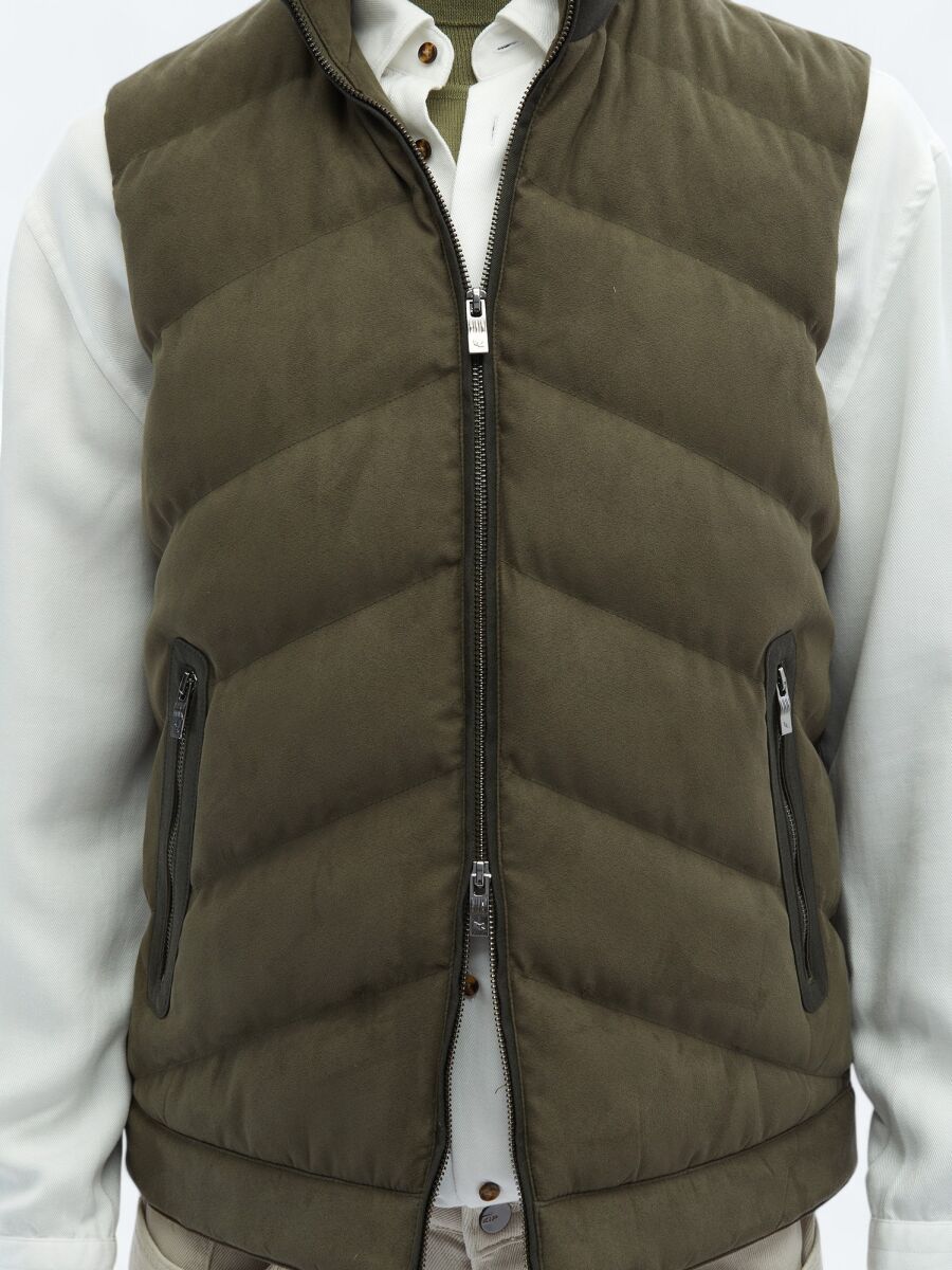 Khaki Regular Fit Turtleneck Casual Weaving Puffer Vest - 6