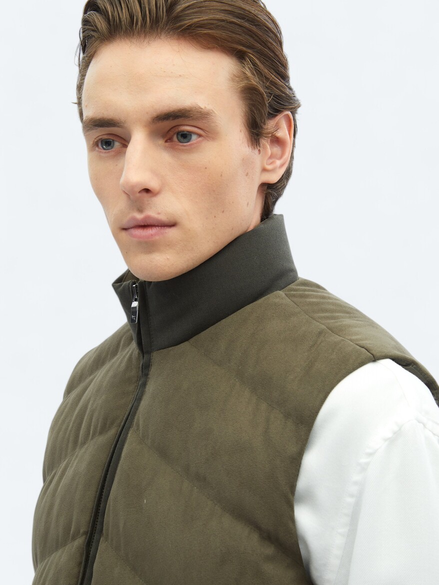 Khaki Regular Fit Turtleneck Casual Weaving Puffer Vest - 7