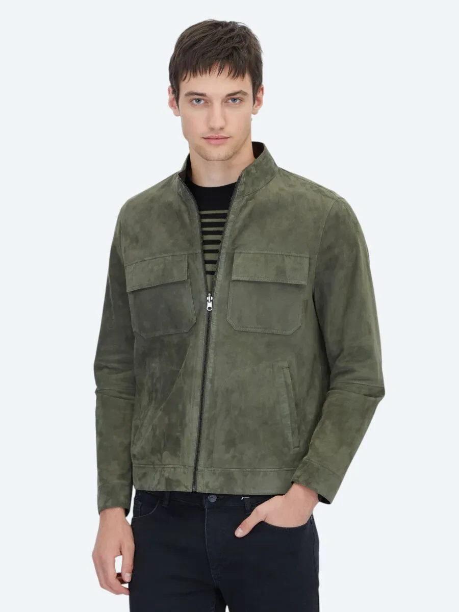 Khaki Regular Fit Turtleneck Smart Casual Double-Sided Leather Coat - 1