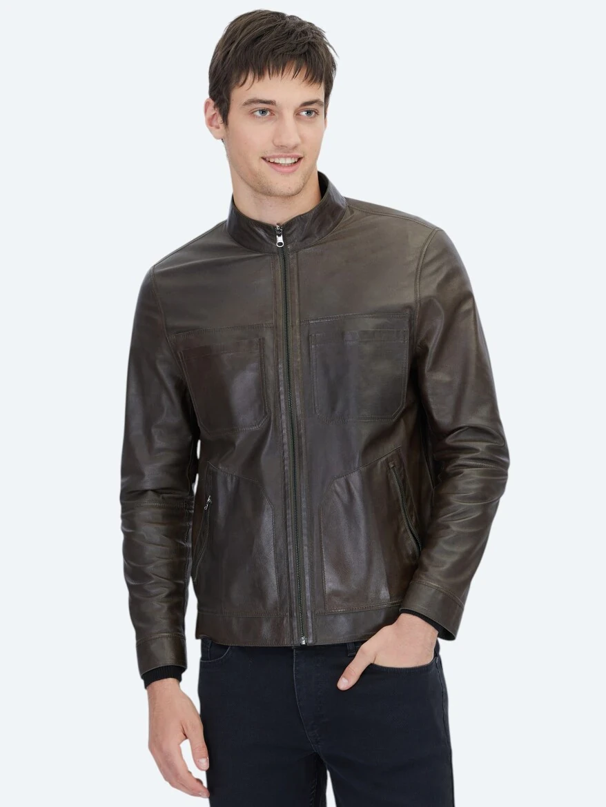 Khaki Regular Fit Turtleneck Smart Casual Double-Sided Leather Coat - 2