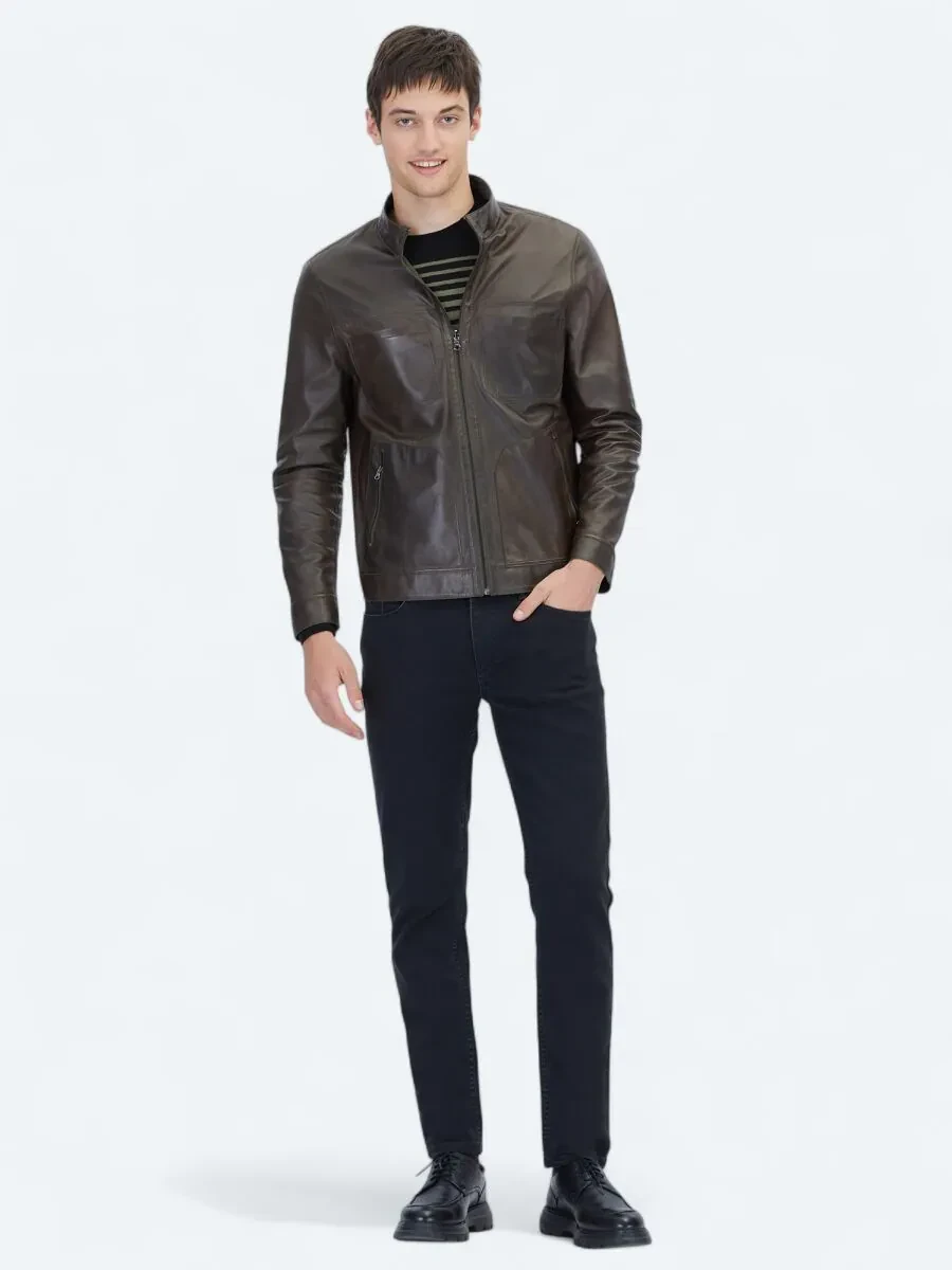 Khaki Regular Fit Turtleneck Smart Casual Double-Sided Leather Coat - 4