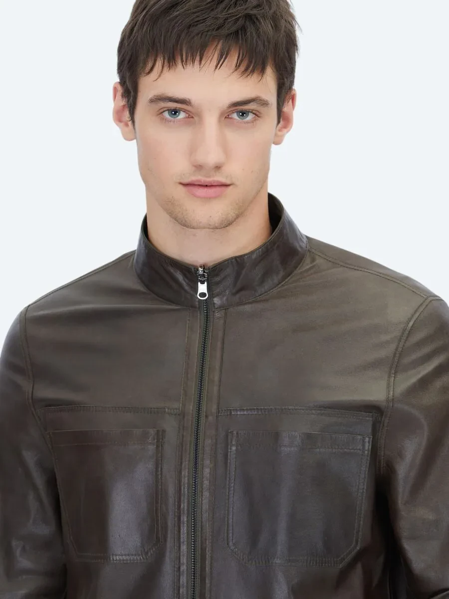 Khaki Regular Fit Turtleneck Smart Casual Double-Sided Leather Coat - 6