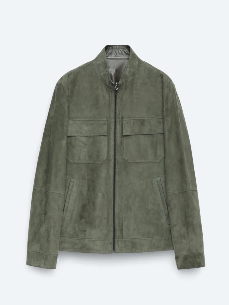 Khaki Regular Fit Turtleneck Smart Casual Double-Sided Leather Coat - 9