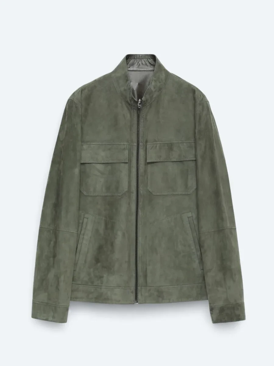 Khaki Regular Fit Turtleneck Smart Casual Double-Sided Leather Coat - 9