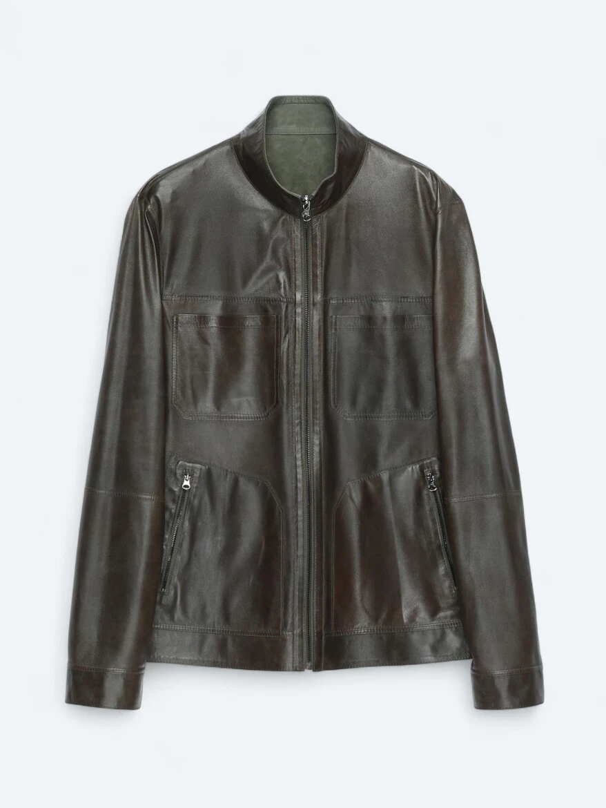 Khaki Regular Fit Turtleneck Smart Casual Double-Sided Leather Coat - 10