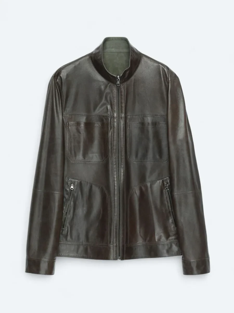 Khaki Regular Fit Turtleneck Smart Casual Double-Sided Leather Coat - 10