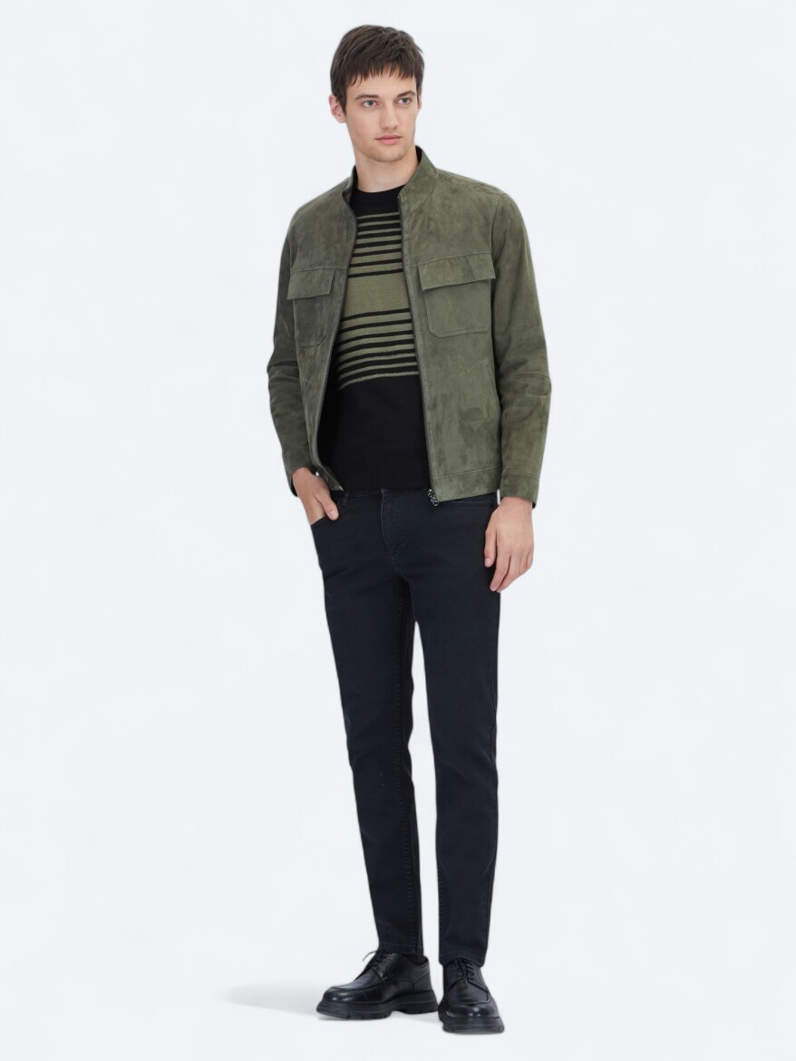 Khaki Regular Fit Turtleneck Smart Casual Double-Sided Leather Coat - 3