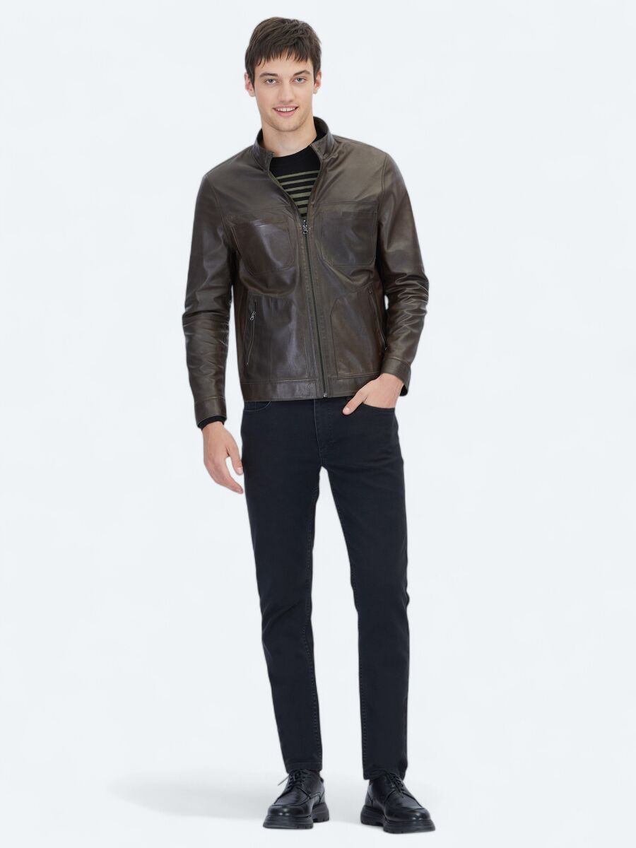 Khaki Regular Fit Turtleneck Smart Casual Double-Sided Leather Coat - 4
