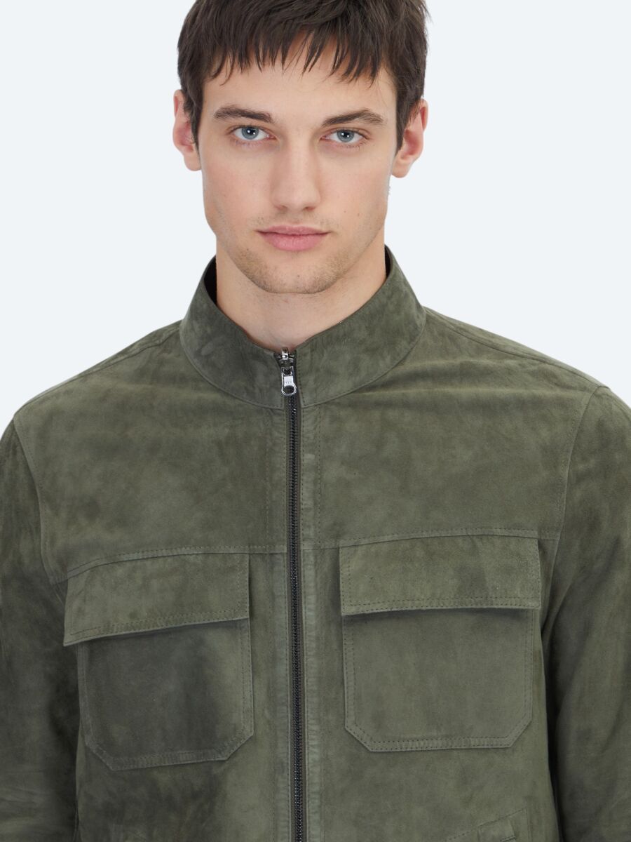 Khaki Regular Fit Turtleneck Smart Casual Double-Sided Leather Coat - 5