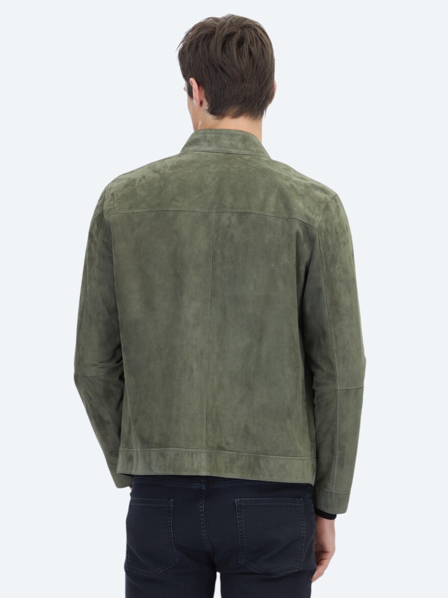 Khaki Regular Fit Turtleneck Smart Casual Double-Sided Leather Coat - 7