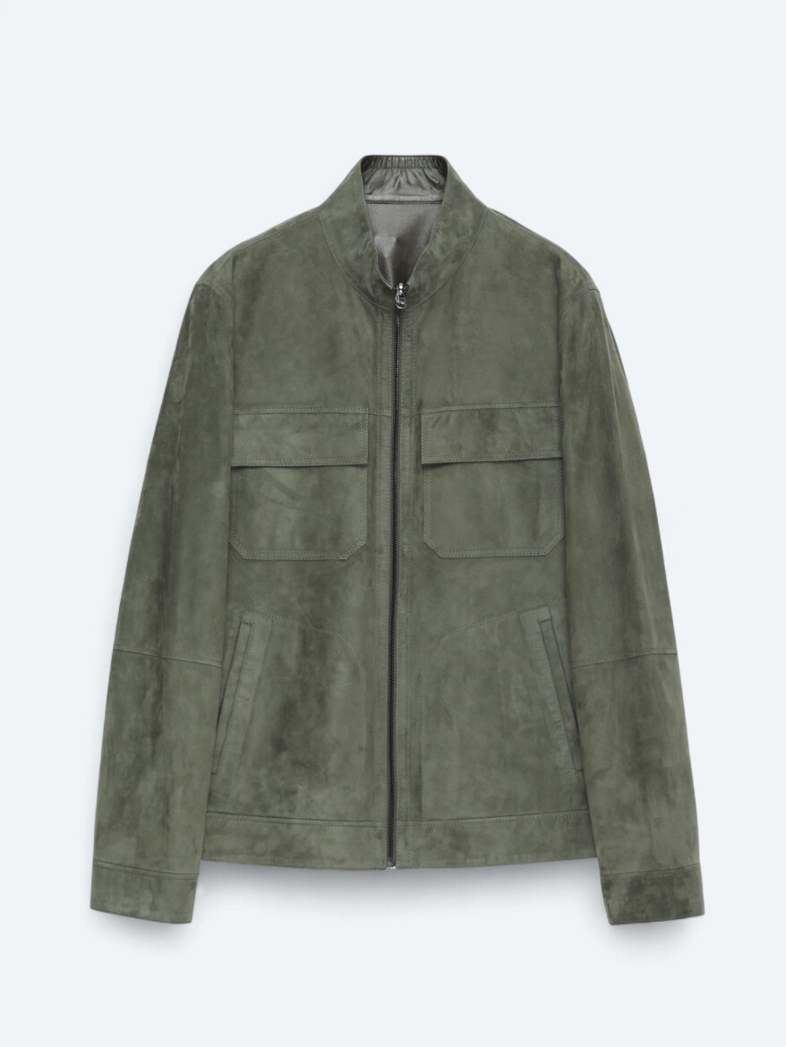 Khaki Regular Fit Turtleneck Smart Casual Double-Sided Leather Coat - 9