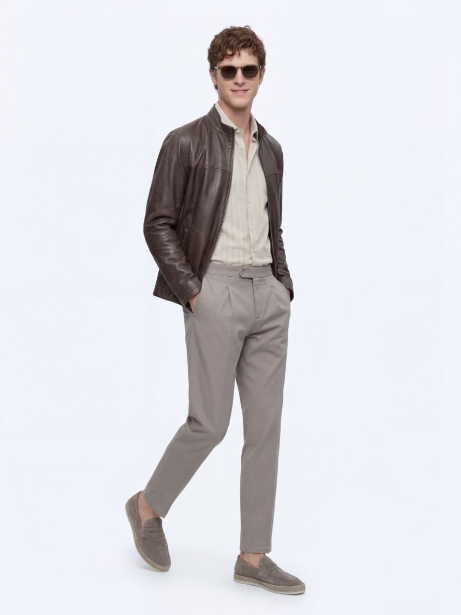 Khaki Regular Fit Turtleneck Smart Casual Double-Sided Leather Coat - 3