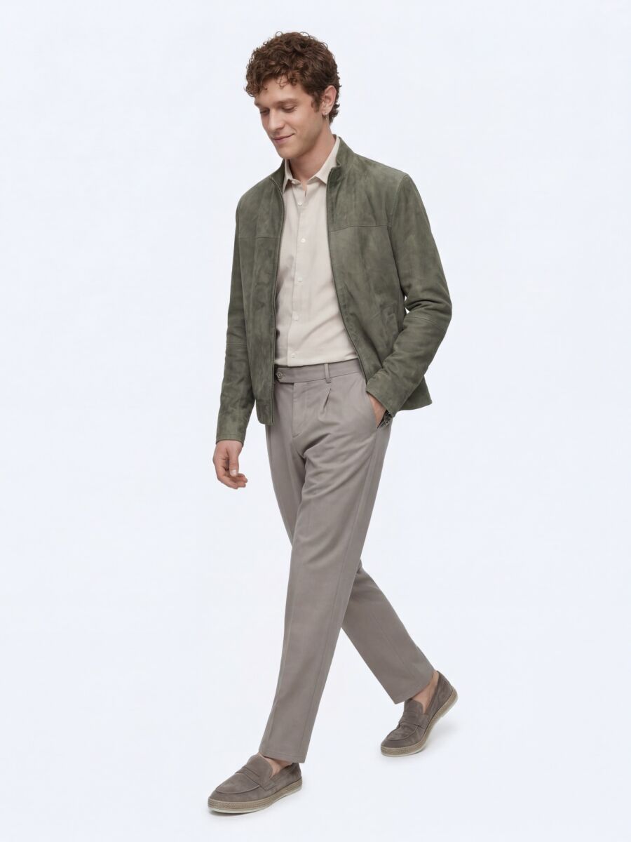 Khaki Regular Fit Turtleneck Smart Casual Double-Sided Leather Coat - 4