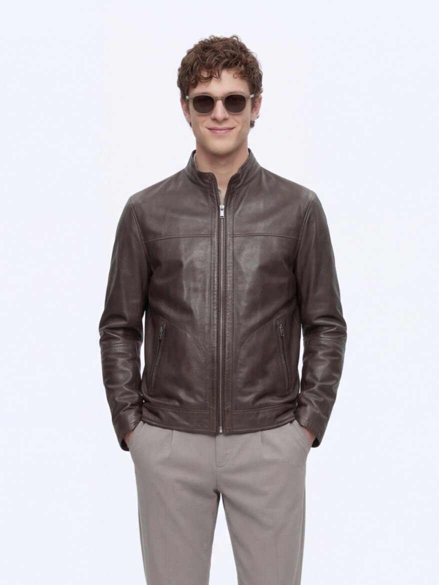 Khaki Regular Fit Turtleneck Smart Casual Double-Sided Leather Coat - 5