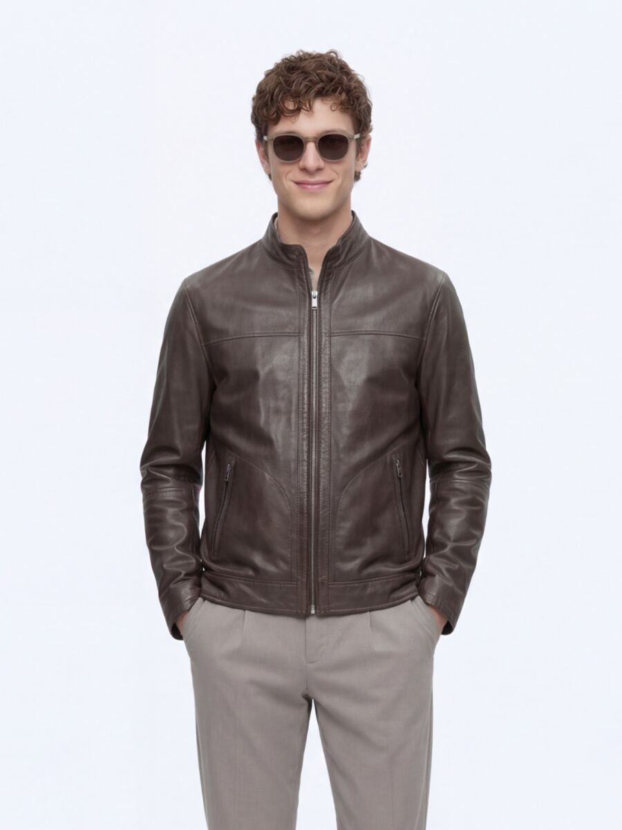 Khaki Regular Fit Turtleneck Smart Casual Double-Sided Leather Coat - 5