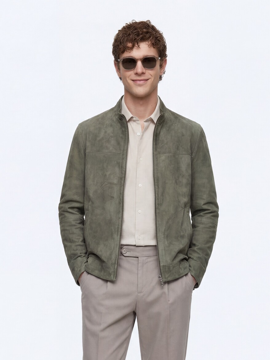 Khaki Regular Fit Turtleneck Smart Casual Double-Sided Leather Coat - 6