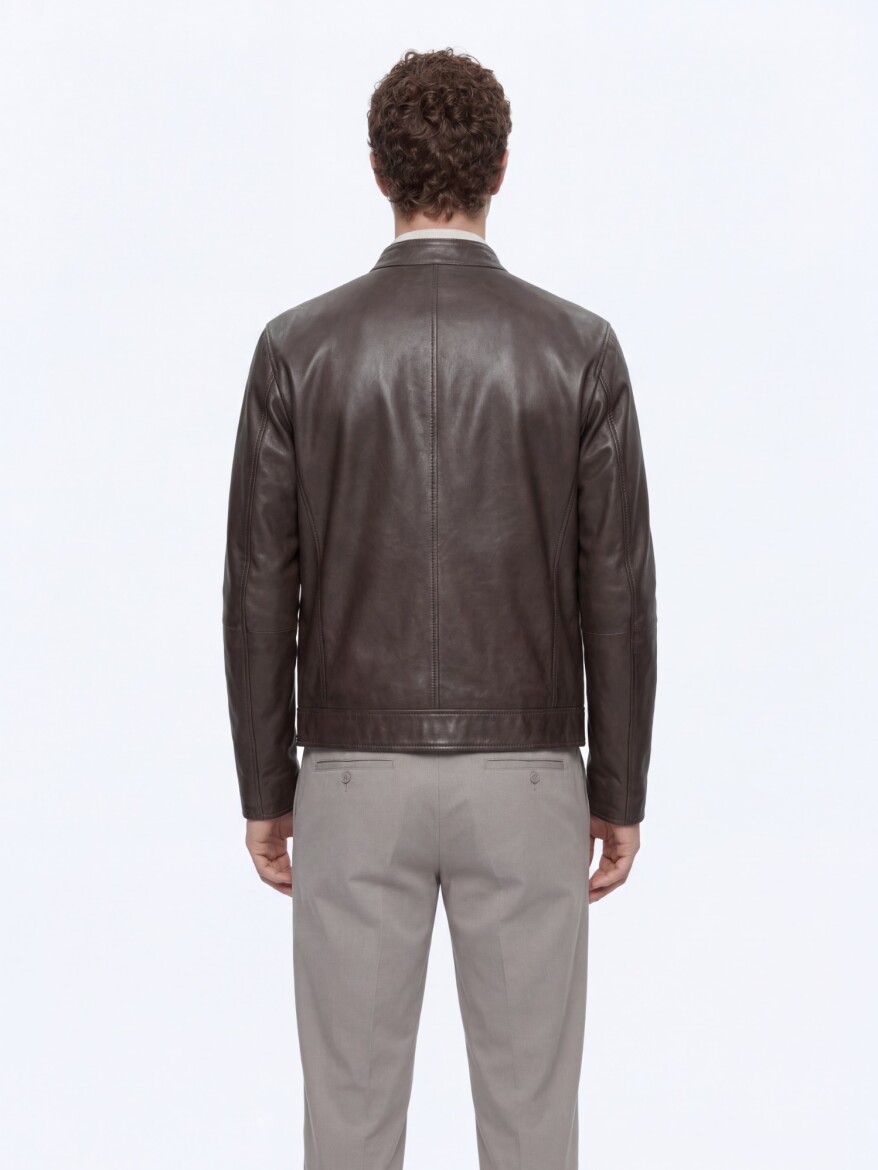 Khaki Regular Fit Turtleneck Smart Casual Double-Sided Leather Coat - 7